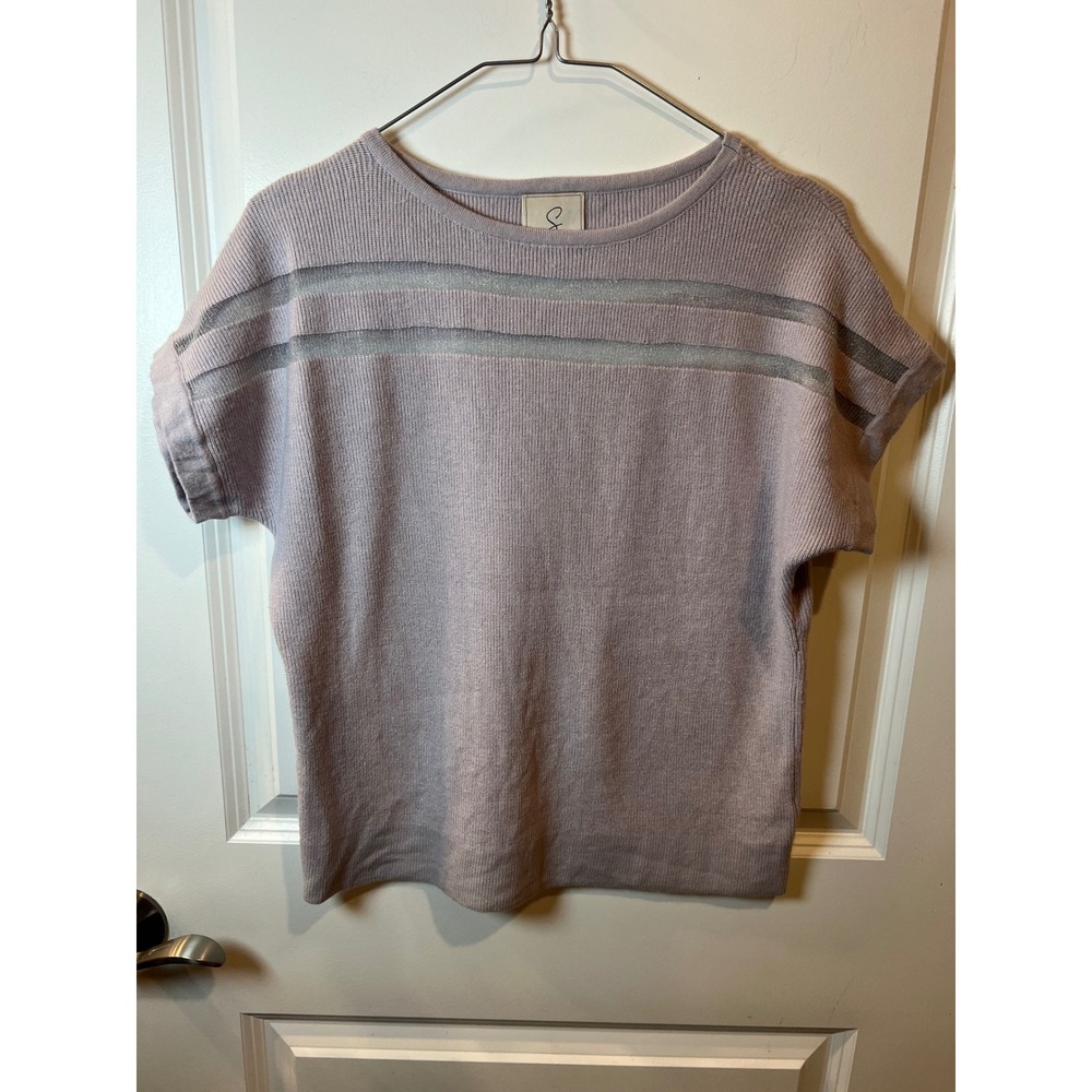 Sioni Womens Short Sleeve Sweater Sheer Metallic Stripe Lavender Small